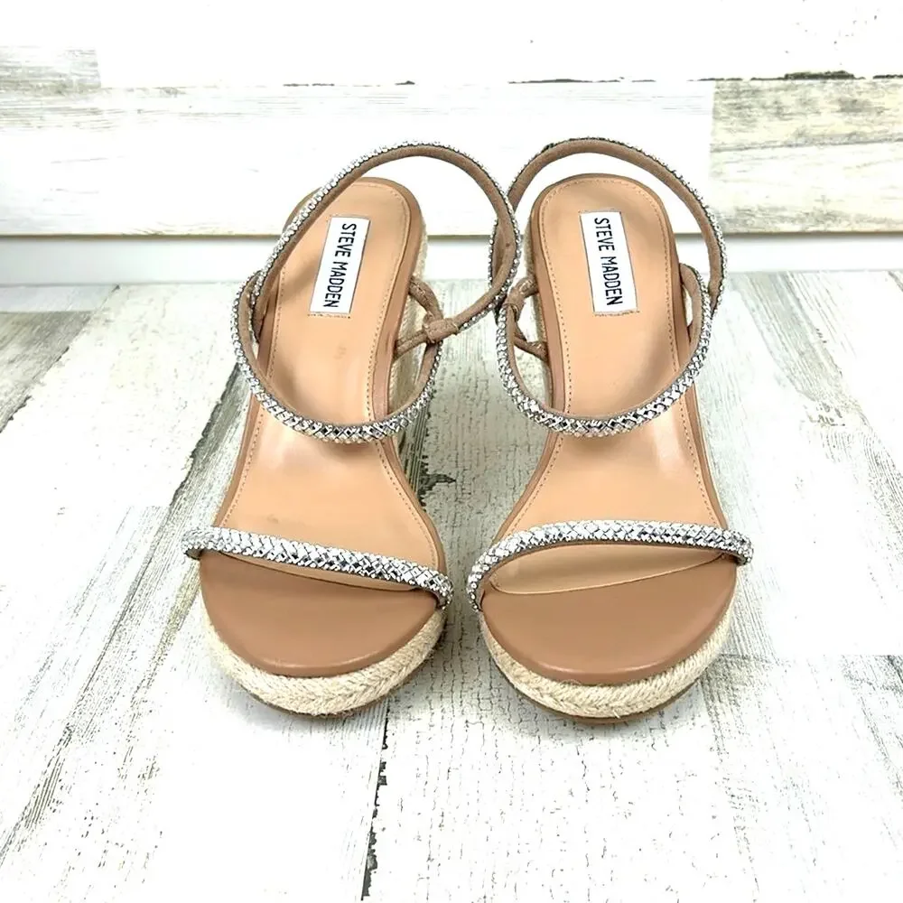 Steve Madden Womens 9.5 Rhinestone Strappy Espadrille Platform Wedge Sandals NEW
